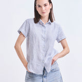 Blusa Lucía Lino irlandes Rayada Azul