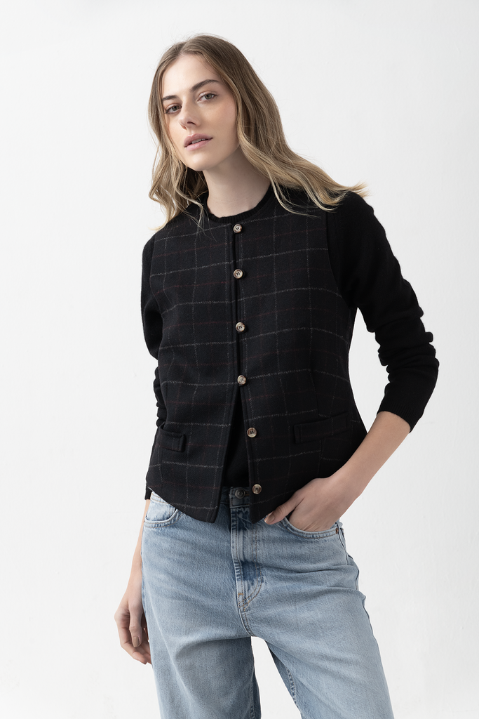 Gilet Clara Cuadros Negro y Burdeo