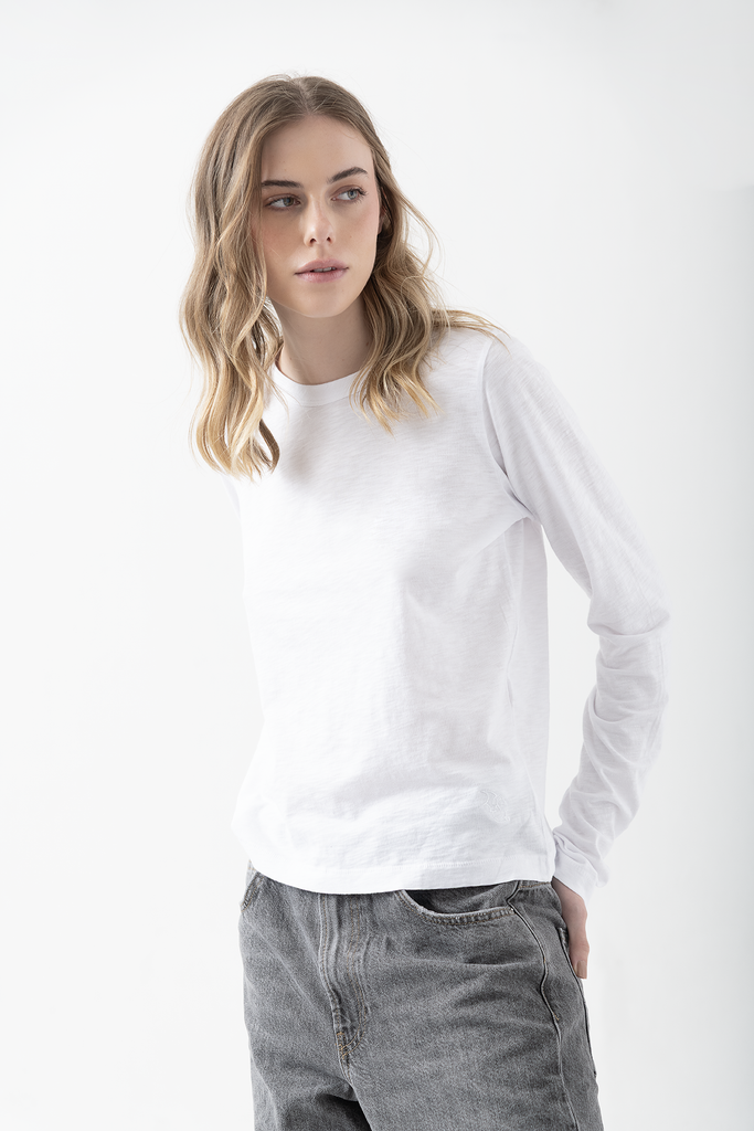 Polera Algodón Pima C/R Manga Larga Blanco