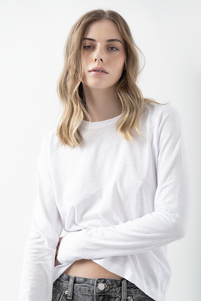 Polera Algodón Pima C/R Manga Larga Blanco
