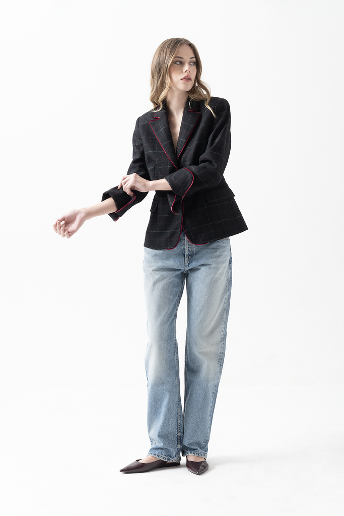 Blazer New Paris Cuadros Negro Vivo Burdeo