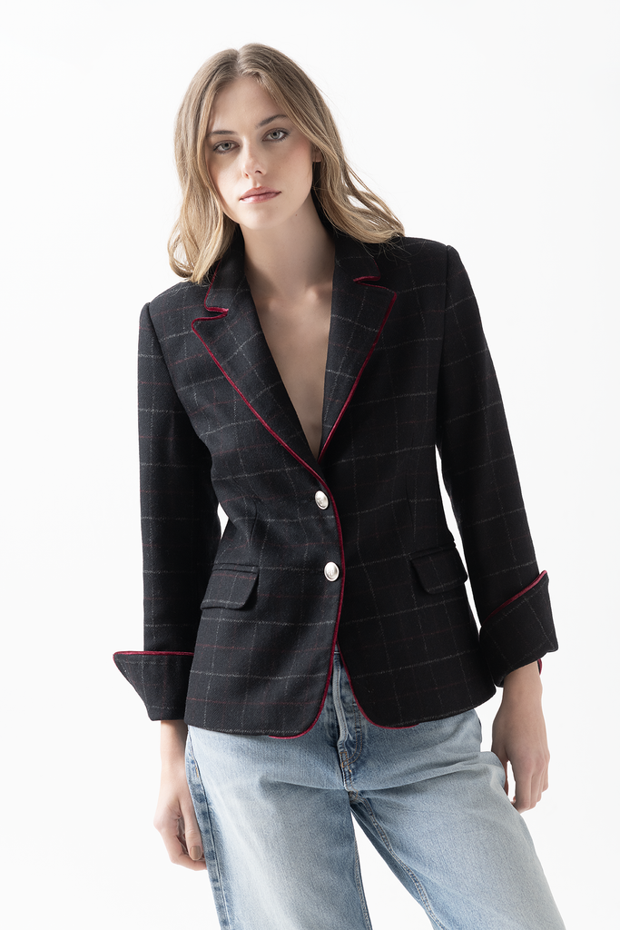 Blazer New Paris Cuadros Negro Vivo Burdeo