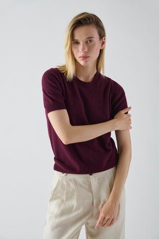 Sweater Cashmere Manga Corta Burdeo