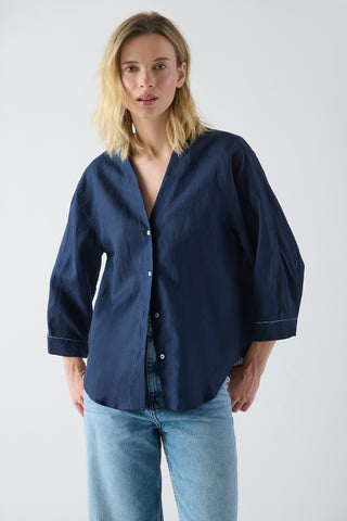 Camisa Sakai Lino Azul con Vivo Plata