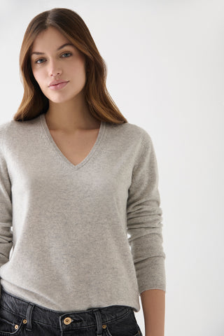 Sweater Cashmere Cuello V Gris Claro