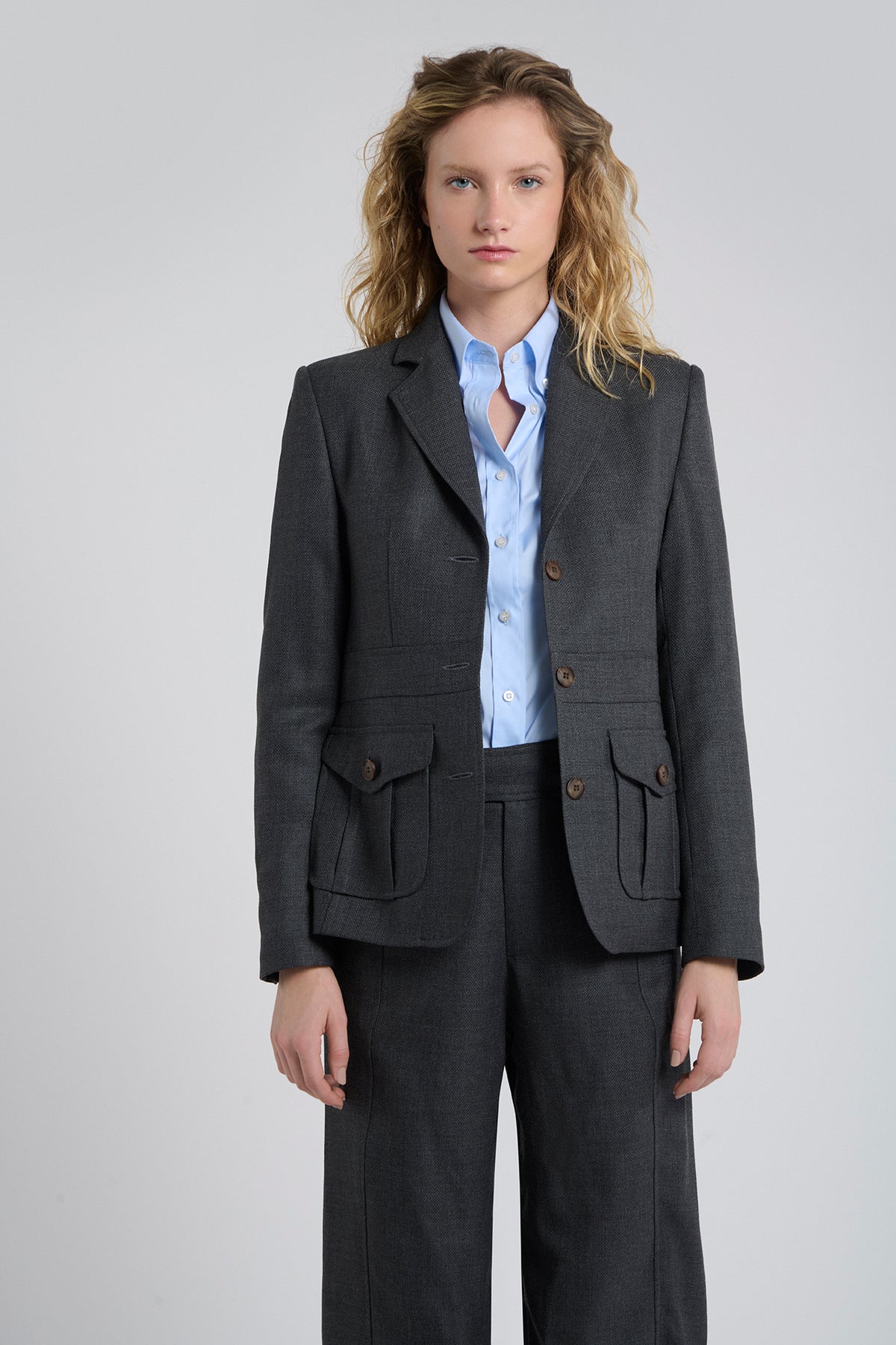 Blazer Safari Lana Gris Oscuro Tramado - XS