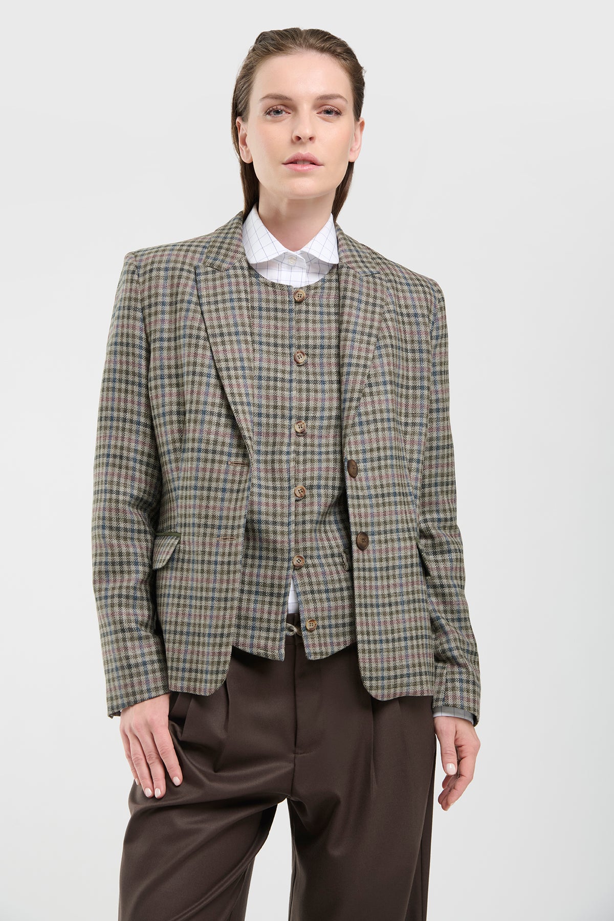 Blazer New Paris Lana Cuadrille Verde y Rosa con Codera - XS
