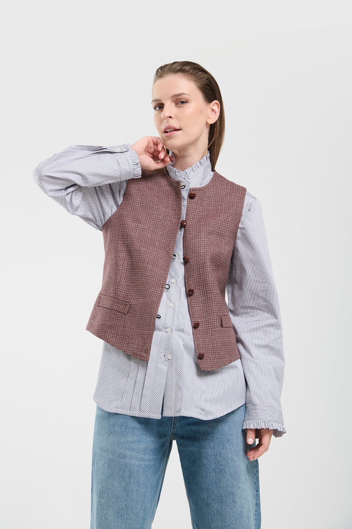 Gilet Clara Pied de Poule Burdeo y Rosa - XS