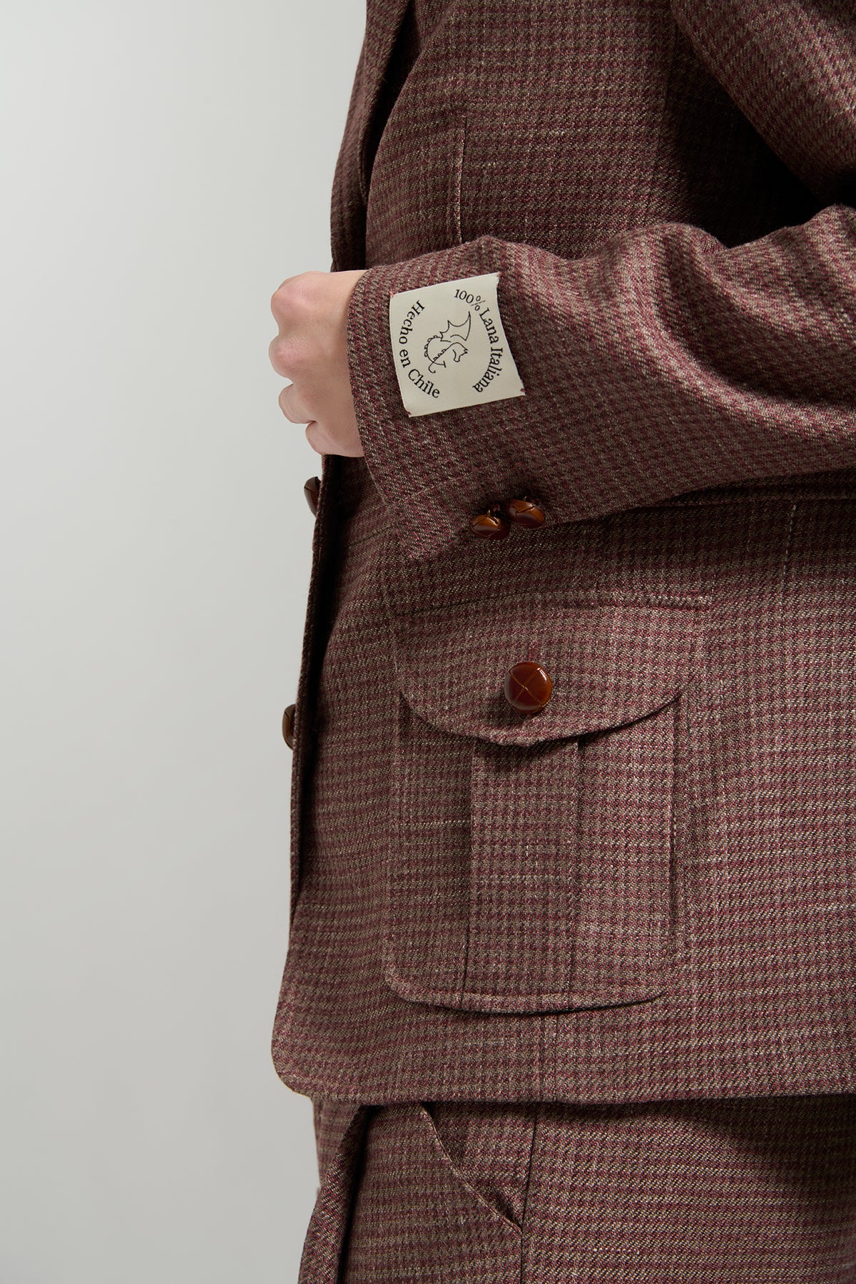 Blazer Safari Lana Pied de Poule Rosa y Burdeo - XS