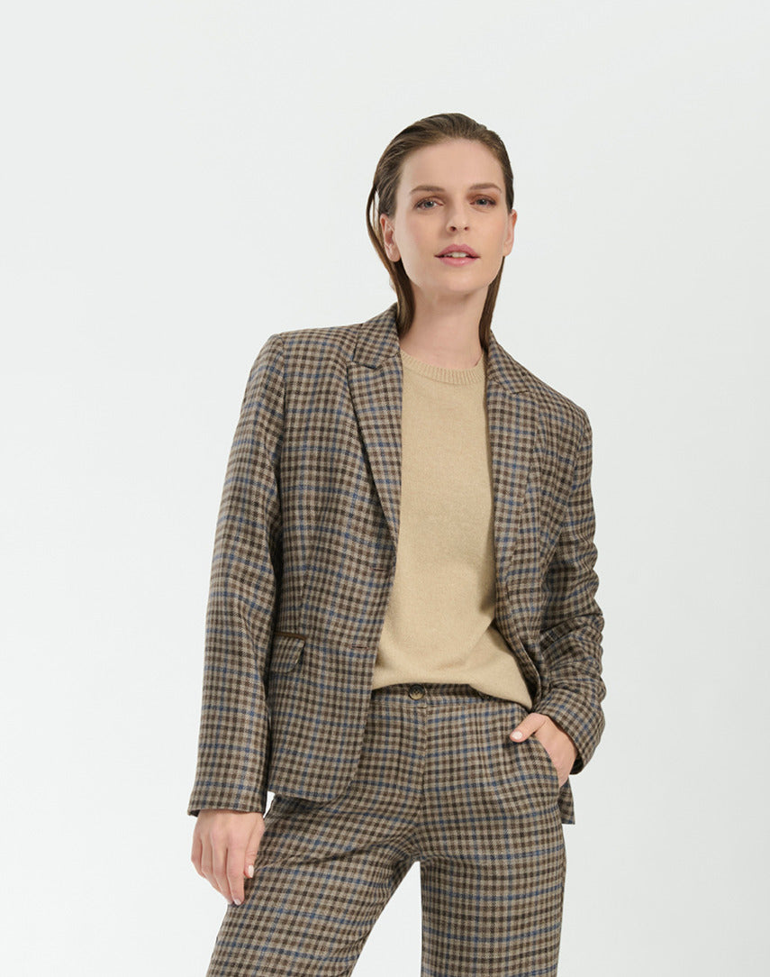 Blazer New Paris Lana Cuadrille Chocolate y Celeste con Codera - XS