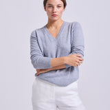 Sweater Cashmere Cuello V Gris Claro