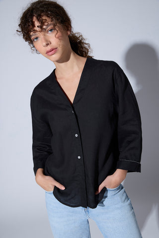 Camisa Sakai Lino Negro con Vivo Plata