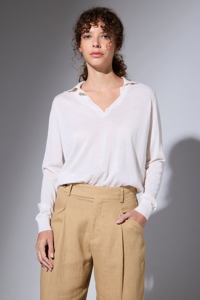 Sweater Cashmere Cuello Polo Crudo