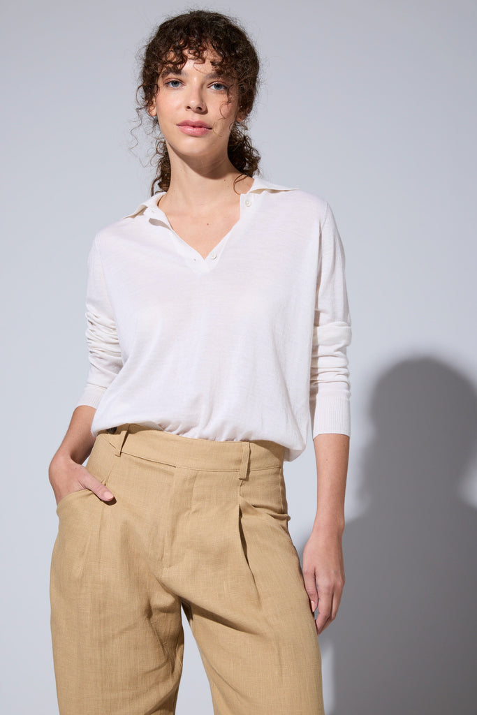 Sweater Cashmere Cuello Polo Crudo