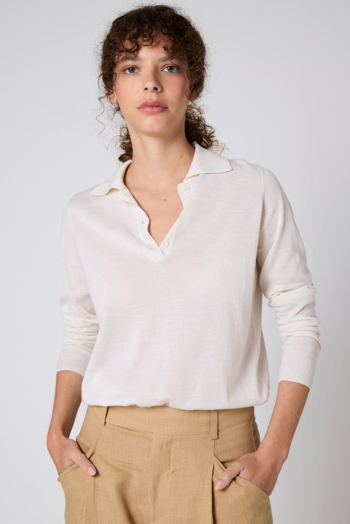 Sweater Cashmere Cuello Polo Crudo