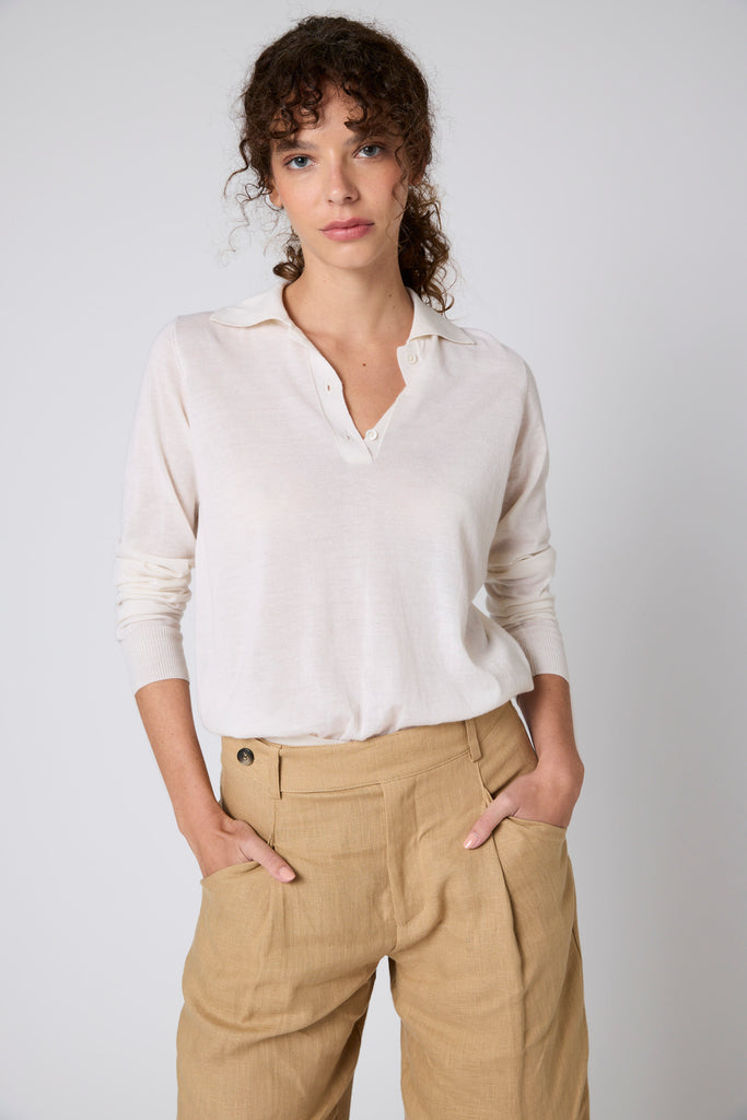 Sweater Cashmere Cuello Polo Crudo