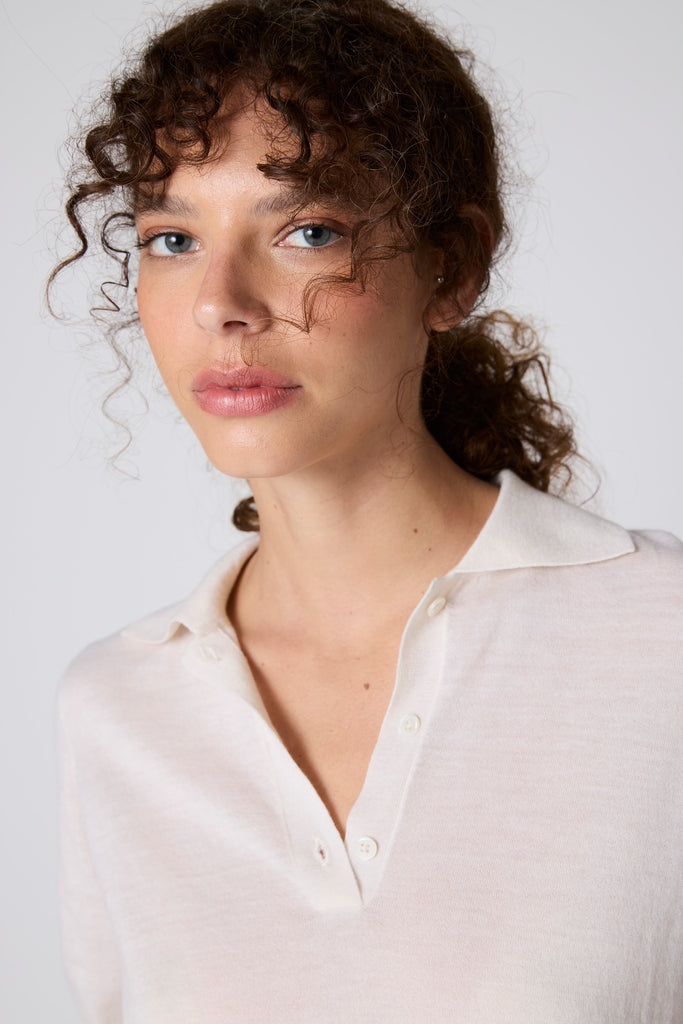 Sweater Cashmere Cuello Polo Crudo