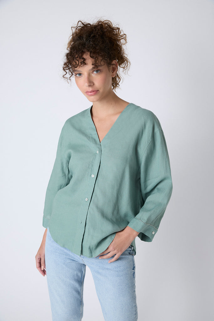 Camisa Sakai Lino Verde con Vivo Plata