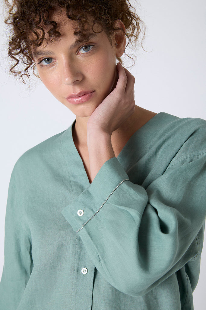 Camisa Sakai Lino Verde con Vivo Plata