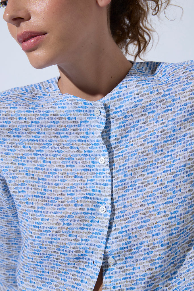 Camisa Paloma Estampado Sardinas Celeste y Gris