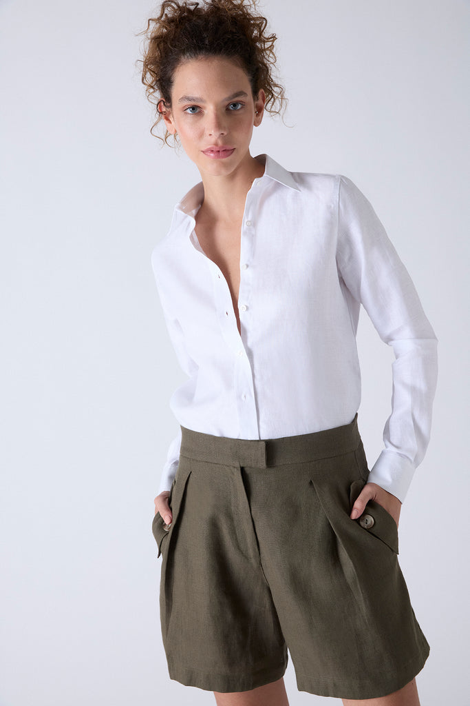 Bermuda Lino Stonewashed Verde Militar